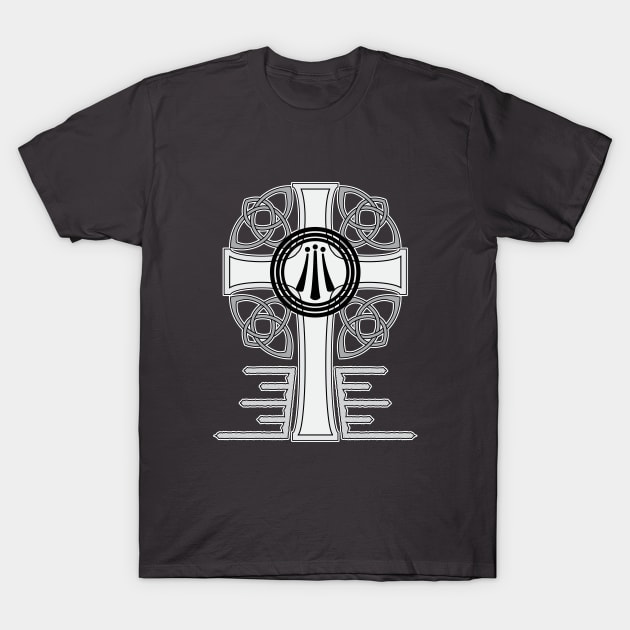 Awen Celtic Cross Greyscale T-Shirt by The Knotty Works